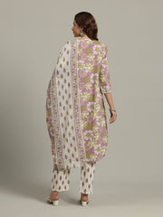 Floral Printed Cotton Blend Anarkali Kurta With Pants & Dupatta