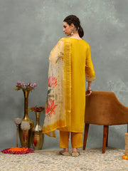 Printed Embroidery Cotton Blend Kurta With Pants & Dupatta