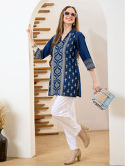 Neck Embroidered Denim Kurta