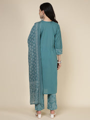 Embroidered Cotton Blend Kurta With Pants & Dupatta