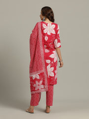 Floral Printed Cotton Blend Kurta With Pants & Dupatta