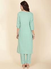 Printed & Neck Embroidered Cotton Kurta Set