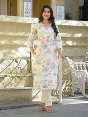 Printed Cotton Blend Kurta With Pants & Dupatta