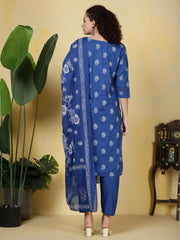 Printed Cotton Blend Kurta With Pants & Dupatta