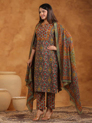 Printed Cotton Blend Kurta With Pants & Dupatta