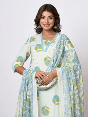Printed Cotton Blend Kurta With Pants & Dupatta