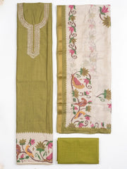 Embroidered Chanderi Unstitched Suit With Pant & Dupatta