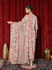 Printed Cotton Blend Kurta With Pants & Dupatta