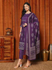 Printed Cotton Blend Kurta With Pants & Dupatta