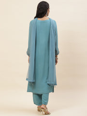Neck Embroidered Georgette Kurta With Palazzo & Dupatta