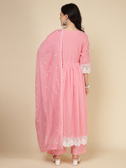Embroidered Cotton Blend Kurta With Pants & Dupatta