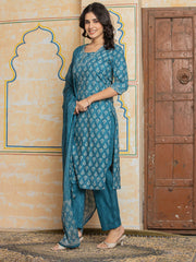 Embroidered Cotton Blend Kurta With Pant & Dupatta