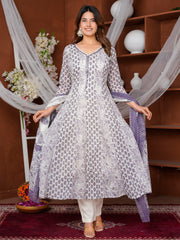 Floral Printed Cotton Blend Kurta With Pants & Dupatta