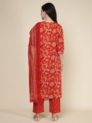 Printed Cotton Blend Kurta With Pants & Dupatta