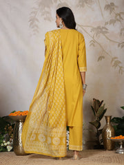 Printed Cotton Blend Kurta With Pants & Dupatta