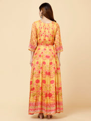 Floral Printed Flared Mustard Muslin Kurta