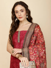 Kantha Embroidery & Printed Chanderi Unstitched Suit Piece With Dupatta