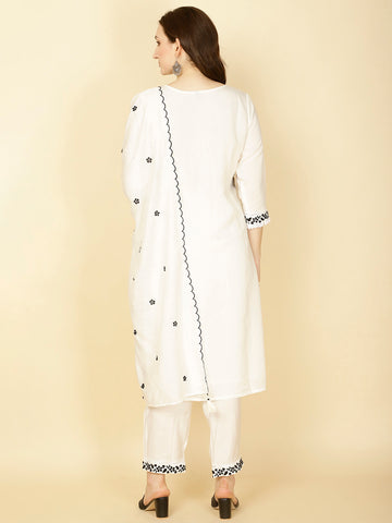 Resham Embroidery Cotton Kurta With Pants & Dupatta