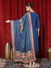 Printed Chanderi Kurta With Pants & Dupatta