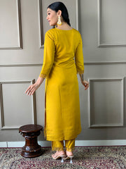 Resham Embroidery Cotton Blend Kurta With Pants & Dupatta