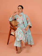 Digital Floral Printed Organza Kurta With Pants & Dupatta