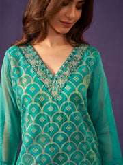 Neck Embroidery Organza Kurta With Pants & Dupatta