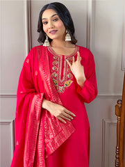 Resham Embroidered Handloom Kurta With Pant & Dupatta
