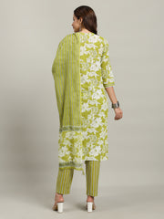 Floral Printed Cotton Blend Kurta With Pants & Dupatta