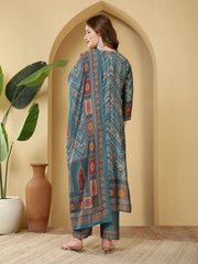 Neck Embroidered Muslin Kurta With Pants & Dupatta