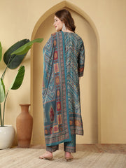 Neck Embroidered Muslin Kurta With Pants & Dupatta