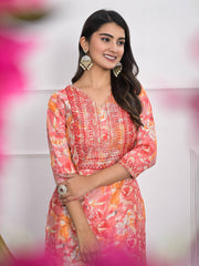 Printed Neck Embroidered Cotton Blend Kurta
