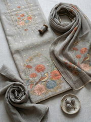 Embroidered Cotton Blend Unstitched Suit With Pant & Dupatta