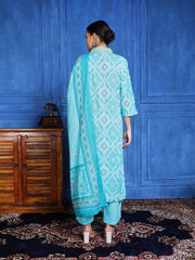 Printed Cotton Blend Kurta With Pants & Dupatta
