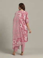Floral Parinted Cotton Blend Kurta With Pants & Dupatta