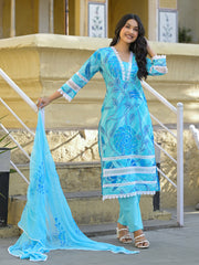 Printed Cotton Blend Kurta With Pants & Dupatta