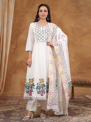 Printed Cotton Blend Kurta With Pants & Dupatta
