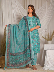 Printed Cotton Blend Kurta With Pants & Dupatta