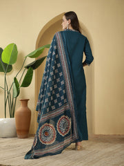 Printed Cotton Blend Kurta With Pants & Dupatta