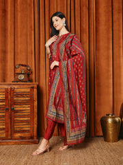 Printed Cotton Blend Kurta With Pants & Dupatta