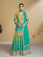 Sequins Embroidery Chinnon Kurta With Palazzo And Dupatta