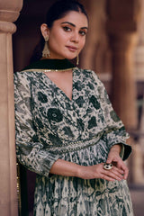 Printed Embroided Georgette Long Sleeve V Neck Gown Net Dupatta