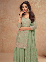 Embroidered Georgette Kurta With Pants & Dupatta