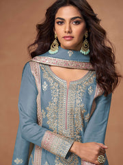 Embroidered Simar Silk Kurta With Plazzo & Dupatta