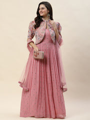 Resham Sequin Embroidery Georgette Gown Dress With Jacket