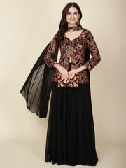Resham Embroidered Georgette Jacket Style Top With Sharara & Dupatta