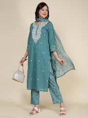 Embroidered Cotton Blend Kurta With Pants & Dupatta