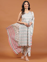 Printed Cotton Blend Kurta With Pants & Dupatta