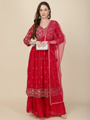 Zari Embroidered Booti Georgette Kurta With Palazzo & Dupatta