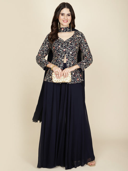Resham Embroidered Georgette Jacket Style Top With Sharara & Dupatta