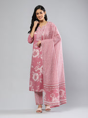 Printed Cotton Blend Kurta With Pants & Dupatta